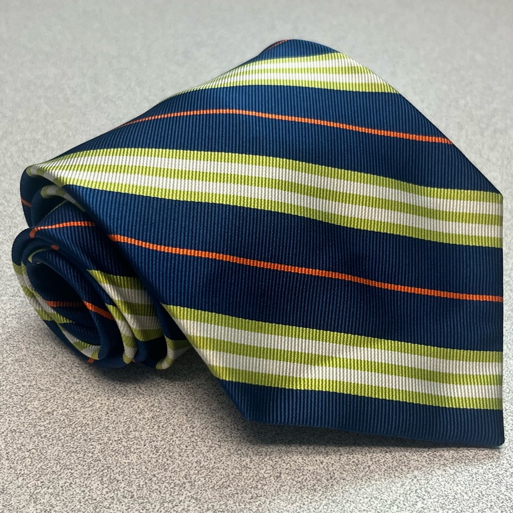 Rooster Men's Blue Green Orange Striped Repp Tie 100% Silk Business Wedding
